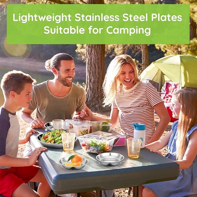 Patterned Deep Stainless Steel Plates, 8 Set 7 inch 201 Metal Food Serving Plate, Reusable Snack Eating Dishes Round Shatterproof Silver Dinnerware for BBQ Dinner Oven Dishwasher Safe