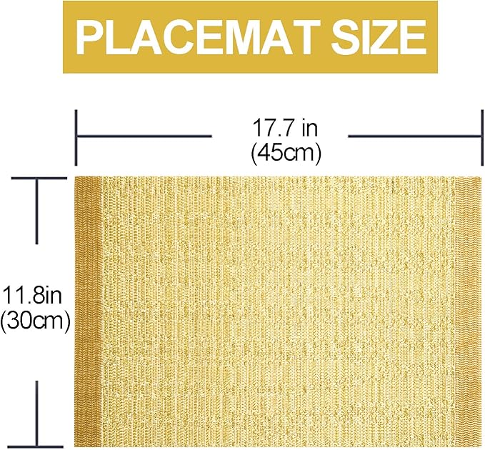 Placemats,PlasticVinyl Washable Heat-Resistant Durable PVC Non-Slip Woven for Kitchen Dining Table Mats (Set of 6, Gold)