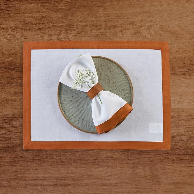 Solino Home Linen Placemats Set of 4 - Cinnamon and White Placemats 14 x 19 Inch - 100% Pure Linen Table Place Mats - Classic, Handcrafted and Machine Washable