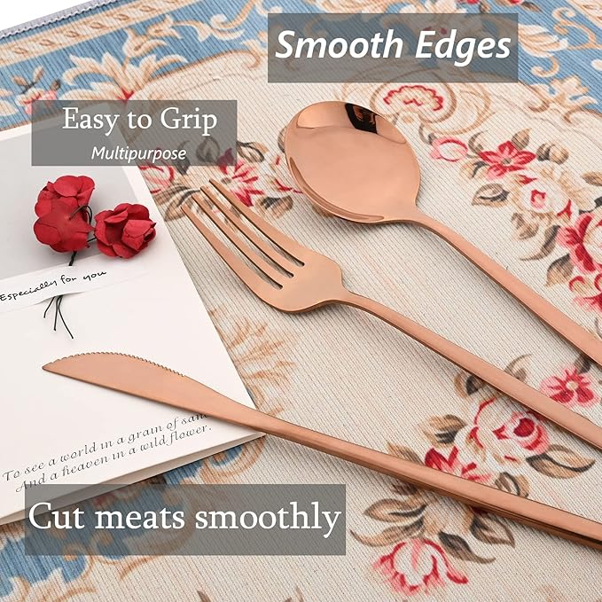 8 Piece Snplowum Flatware Set, 18/0 Stainless Steel Silverware For 2, Kitchen Wedding Gift Utensils For Couple Friend Home Daily Use, Travel Tableware Set, Mirror Rose Gold