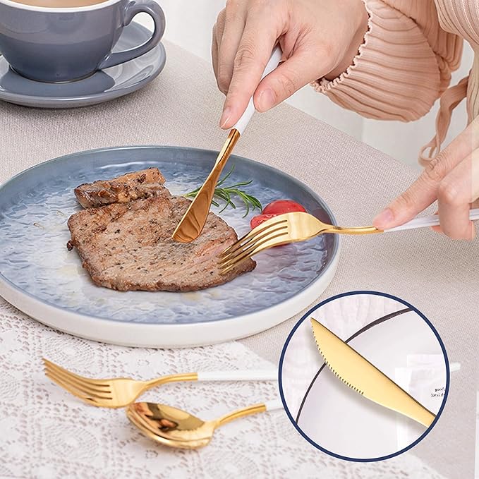 40 Piece White Gold Silverware Set,Stainless Steel Flatware Cutlery Set Service for 8 Including Forks Spoons Knives,Utensil Set,Tableware for Home and Restaurant, Dishwasher Safe