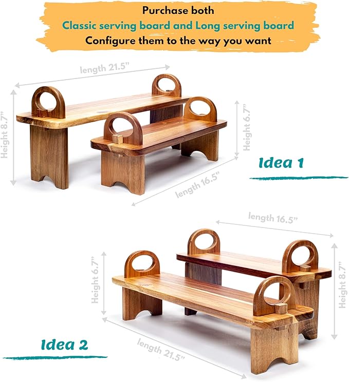 Acacia Wooden Serving Board on Stand – Raised Wood Serving Trays Platter – Home Kitchen Countertop Organizer Shelf & Large Charcuterie Tray for Cheese Party Food 21.5 X 6 x 8.7 inches