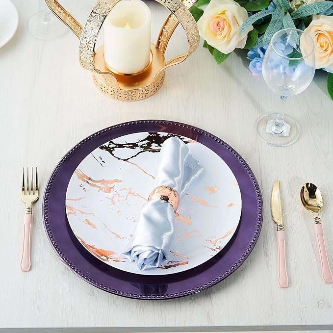 13" Charger Plates -Set of 12 - Acrylic Purple Round Beaded Disposable Chargers, Ideal for Dinner Party Wedding Bulk Events Tabletop Decoration