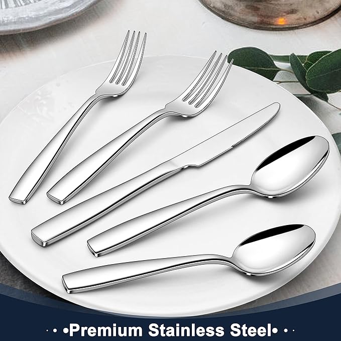 Herogo Heavy Duty Silverware Set with Serving Utensils, 52-Piece Stainless Steel Heavy Weight Modern Flatware Set for 8, Fancy Cutlery for Home Wedding, Dishwasher Safe, Mirror Finished