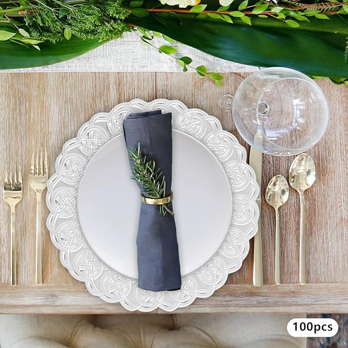 100 Pcs Antique Charger Plates Bulk 13 Inch Embossed Rim Plastic Party Dinner Plate Chargers Round Decorative Server Plate for Wedding Party Event Tableware (100pcs-silver5)