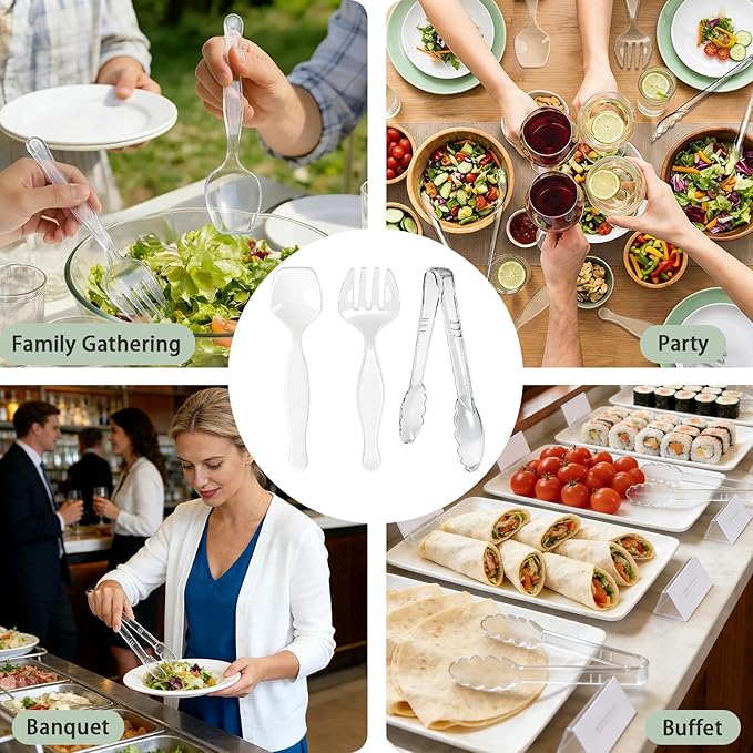 40 Pcs Large Plastic Serving Utensils Set - Serving Tongs, Serving Forks, Serving Spoons - Heavy Duty Disposable Serving Utensils for Parties, Buffet, Catering Supplies (Clear, 40 Pcs)