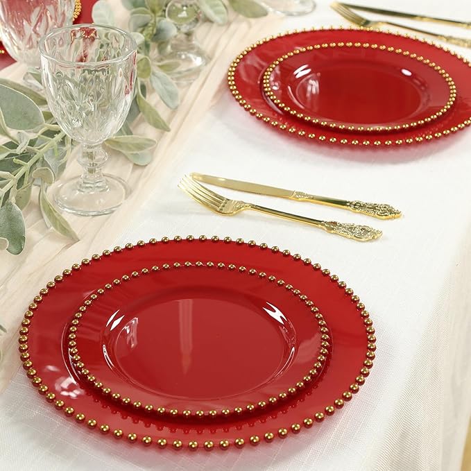 8" Salad Plates - Set of 20 - Plastic Red Round Disposable Dessert Appetizer Plate with Gold Beaded Rim, Ideal for Dinner Party Wedding Bulk Events