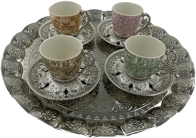 Serving Tray, Coffee Tea Serving Metal Wavy Round Tray 14''(Inches) | Mr Zoni (Silver)