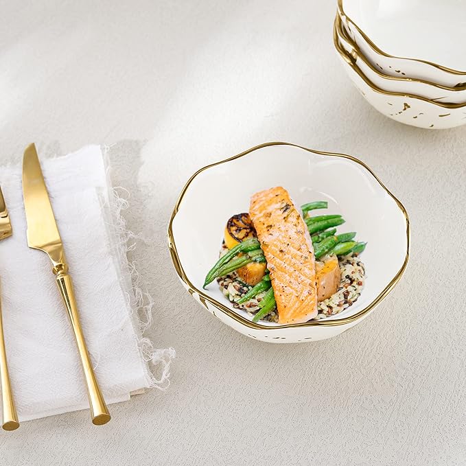 fanquare 10oz Gold Marble Soup Bowl, Porcelain Cereal Bowls Set for 4, Small Kitchen Serving Bowls, Dishwasher Safe, 5.5"