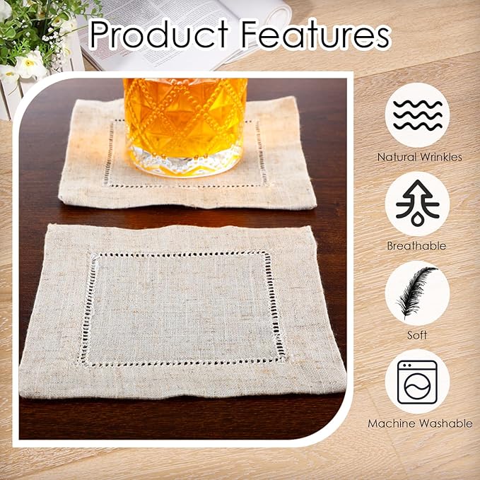 80 Pieces Linen Cocktail Napkins Bulk 6 x 6 Inch Cloth Cocktail Napkins Small Hemstitch Fabric Napkin Coaster Reusable Linen Napkins for Party Wedding Bar Beverage Coffee Dessert(Natural Linen Color)