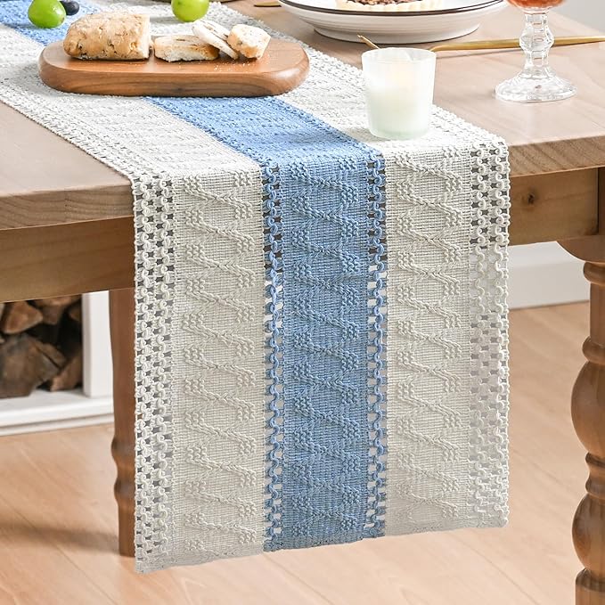 Artoid Mode Sky Blue Farmhouse Rustic Table Runner, Seasonal Holiday Hollow Kitchen Dining Table Decoration for Home Party Decor 12x60 Inch