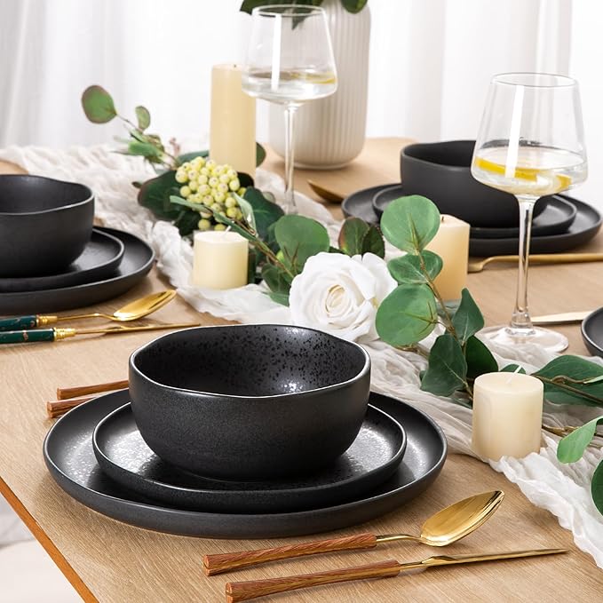 AmorArc Dinnerware Sets for 8, Wavy Rim Plates and Bowls Sets, Highly Chip and Crack Resistant | Dishwasher & Microwave & Oven Safe Dishes set, Service for 8 (24pc)