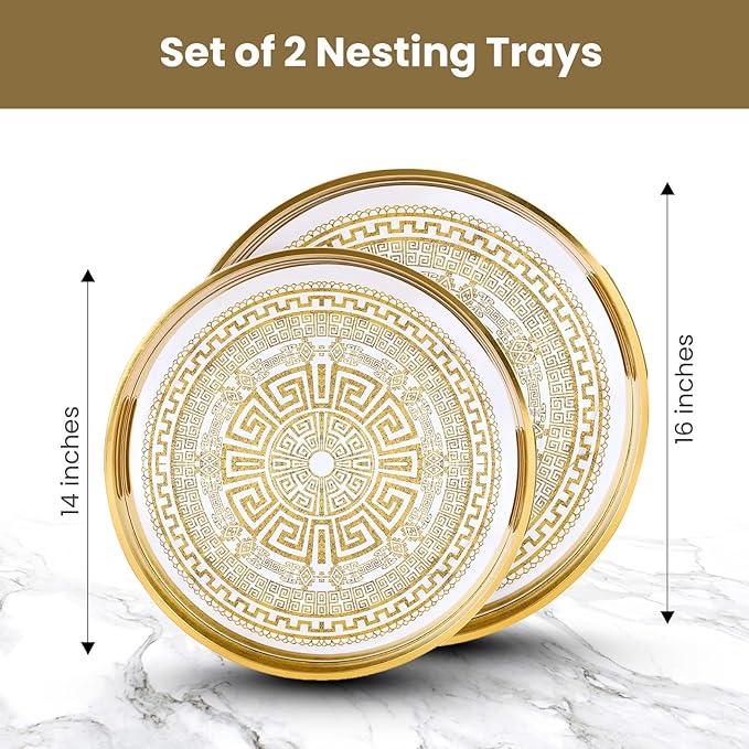 Round Serving Tray with with Handles Antique Look & Stylish Design Decorative Trays for Kitchen Round Ottoman Tray for Dinning Living Room & Home Decor Pack of 2 (Gold)