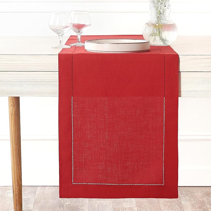 D'Moksha Homes Linen Bright Red Table Runner 108 Inches Long - 100% Pure Linen 14 x 108 Inch Table Runner for Winter, Christmas, Holiday, New Year - Classic Hemstitch
