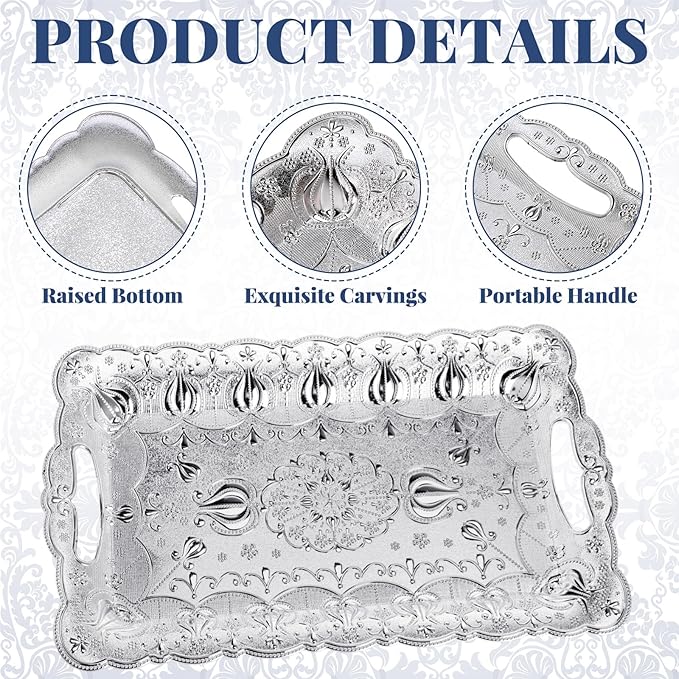 LemonRoad 6 Packs Plastic Silver Serving Trays with Handles 17 x 11 Inch Retro Vintage Embossing Rectangle Reusable Party Snack Decorative Serving Trays for Tea Coffee Fruit Dessert