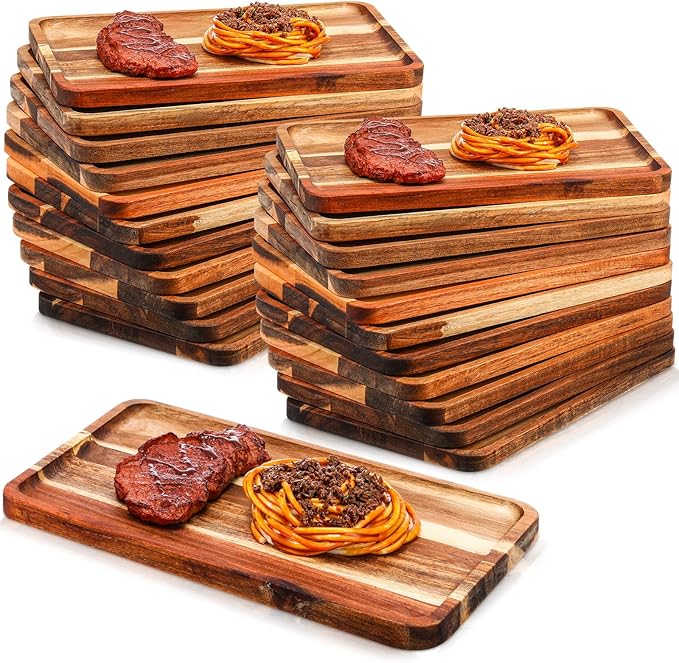 Roshtia 24 Pcs Acacia Wood Serving Tray Rectangular Wooden Serving Platter Christmas Dinner Plates Wood Cheese Charcuterie Board for Food Vegetable, Charcuterie, Appetizer (8'' X 12'' X 0.6'')
