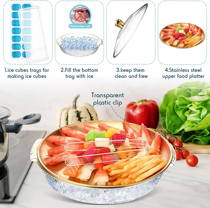 Baderke 1 Set 10" Chilled Serving Tray for Parties with Compartments and Lid Ice Chilled Platter Charcuterie Serving Board for Fruit Seafood Vegetable Appetizer Shrimp Cocktail (Gold)