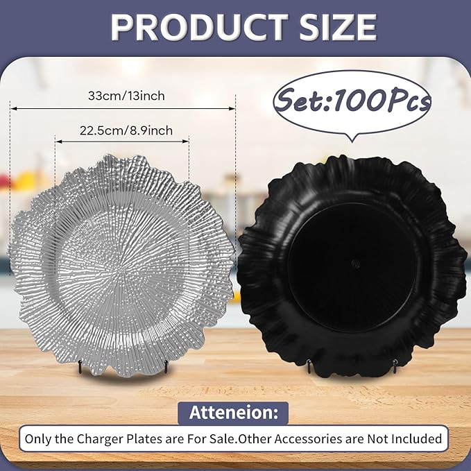 PROY 100 Pcs Silver Charger Plates Bulk, 13" Silver Reef Charger Plates for Wedding, Thanksgiving, Christmas, Plastic Chargers for Dinner Plates