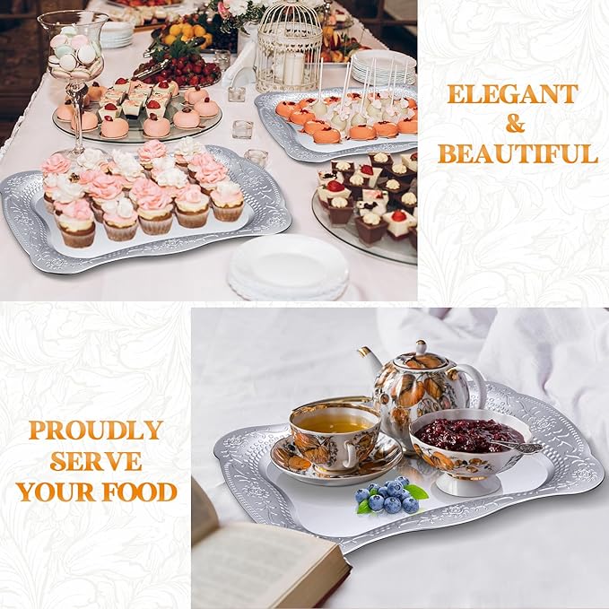 Layhit 10 Pcs Plastic Serving Trays 13" x 9" Rectangle Platters for Dessert Display Tray for Decoration Embossed Serving Platter Dish for Parties, Weddings, Engagements, Birthdays (Silver)