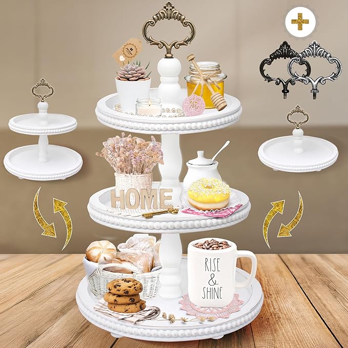 [3-in-1] Wooden Tiered Tray Stand - Beaded 3 Tiered Tray Decor Wood Cupcake Stand for Farmhouse Country Rustic Home - 3 Tier Stand [with 3 Changeable Handles] by Felt Creative Home Goods (White)