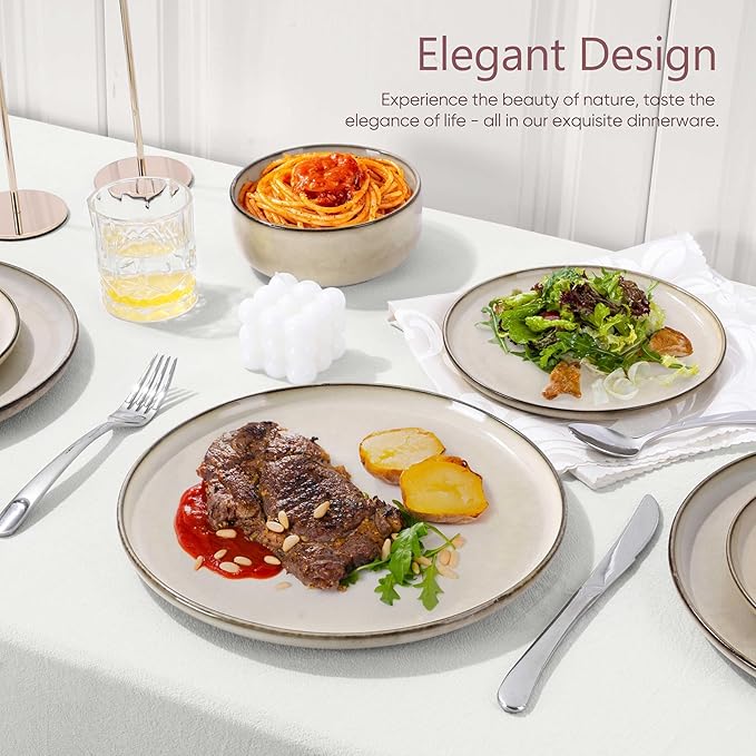 Herogo Dinnerware Sets with Pasta Bowls, 16 Piece Plates and Bowls Set for 4, Modern Stoneware Dinner Dishes for Kitchen Dinning, Dishwasher & Microwave Safe, Cream Khaki