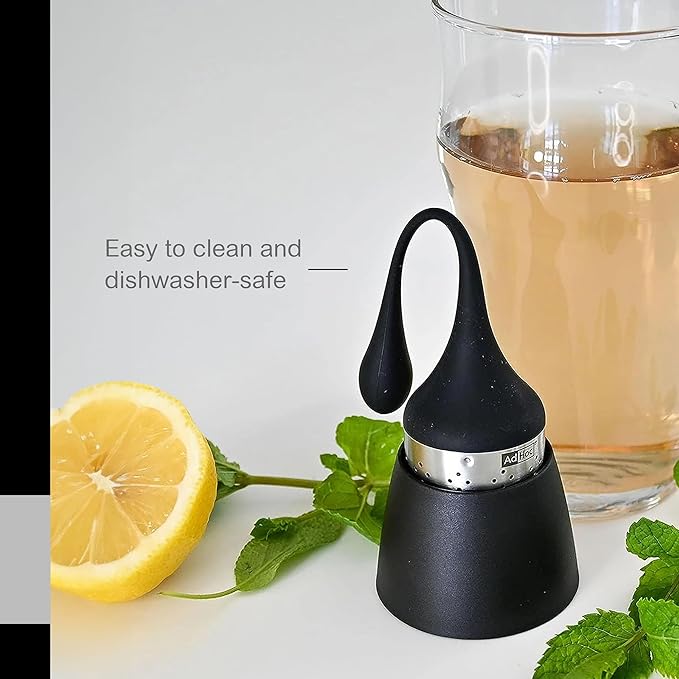 AdHoc Hangtea Infuser Black - Tea Infuser Kitchen Accessory - Dishwasher-Safe Metal Strainer for Fruit & Other Teas - Stainless Steel Diffuser with Silicone Arm - Essential Filter for Tea