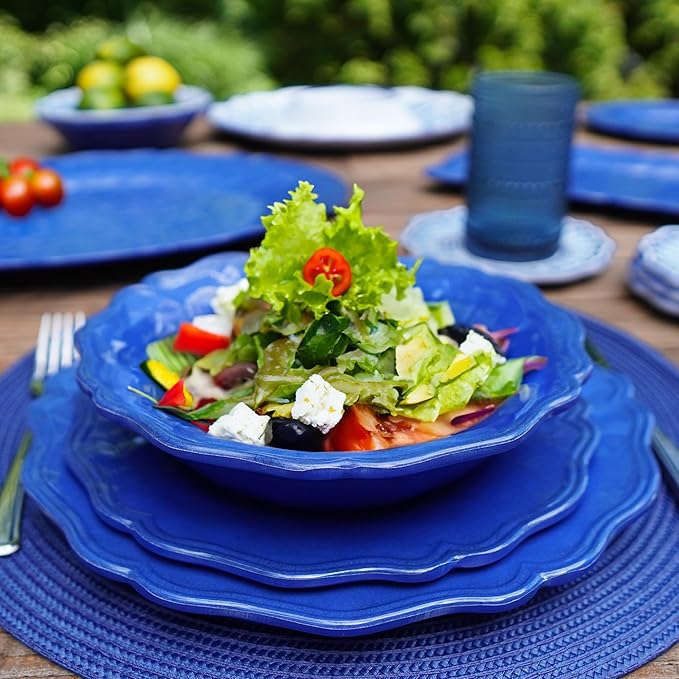 Certified International Isabella Blue Melamine Dinner Plates Set of 4, Lightweight Unbreakable Plates for Indoor Outdoor, Dishwasher Safe, BPA-Free, Great for BBQ, Poolside, Patio, RV Use (Pack of 3)