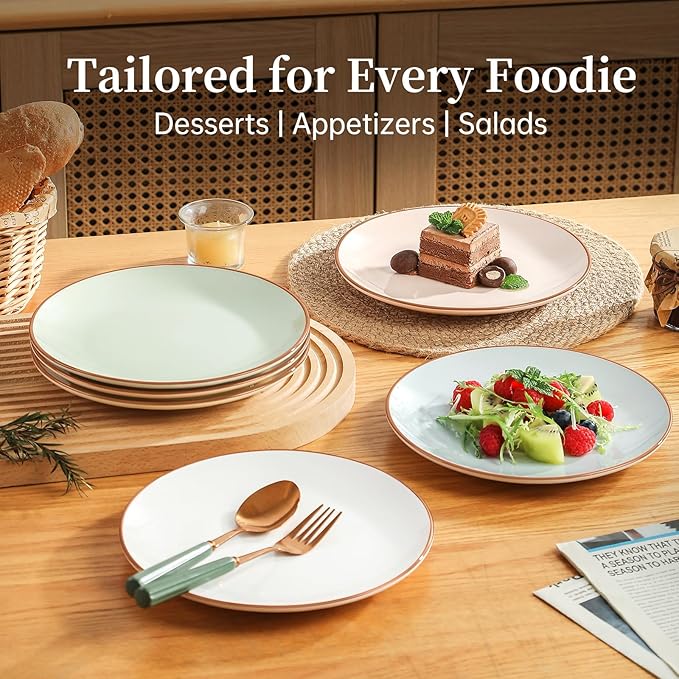 Dessert Plate Set of 6-8 Inch Colorful Ceramic Plates for Appetizer, Salad, Lunch - Modern Serving Dishes - Microwave, Oven and Dishwasher Safe - Assorted Candy Hue