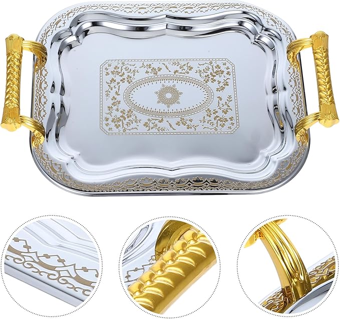 European Style Stainless Steel Serving Tray with Handle, Metal Snack and Fruit Plate for Food Presentation, Sturdy Tea and Beverage Tray for Home and Party Use