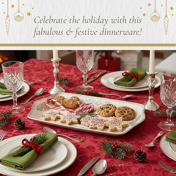 Spode Christmas Tree Gold Dessert Tray - 12" Fine Porcelain Festive Serving Platter with Red Ribbons, Holiday Collectible Dish for Entertaining & Desserts - Winter Holiday Serveware Gift