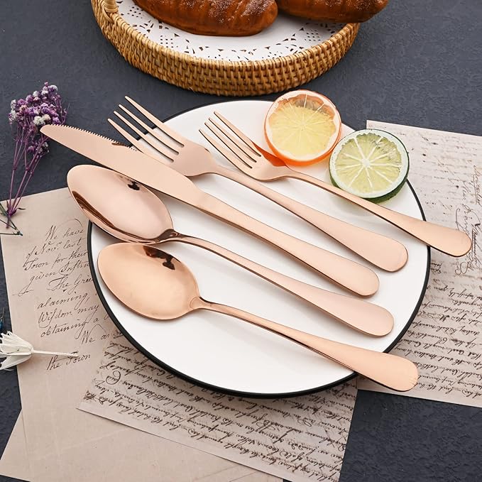 JASHII 25-Piece Fork Spoon Knife Silverware Set with Serving Utensils for 4, Food Grade Stainless Steel Flatware Cutlery Set for Home and Restaurant, Dishwasher Safe - Shiny Rose Gold