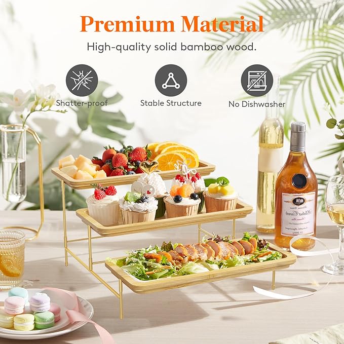 Lifewit 3 Tier Bamboo Serving Tray for Party Supplies, 12" x 6.5" Platters for Serving Food, Reusable Trays with Gold Metal Display Stand for Veggie, Fruit, Cookies, Dessert