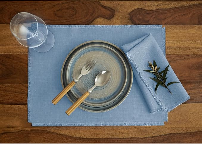 Solino Home Fringe Linen Napkins Set of 4-100% Pure Linen Dusty Chambray Blue Dinner Napkins 20 x 20 Inch - Handcrafted and Machine Washable