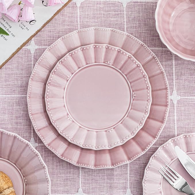 HOMBENE Dinner Plates 10.5 Inches Set for 6, Ceramic Plates, Salad Serving Plates, Wavy Style, Microwave & Dishwasher Safe Plates for Cake Waffles Snacks (Dreamy Sakura Pink)
