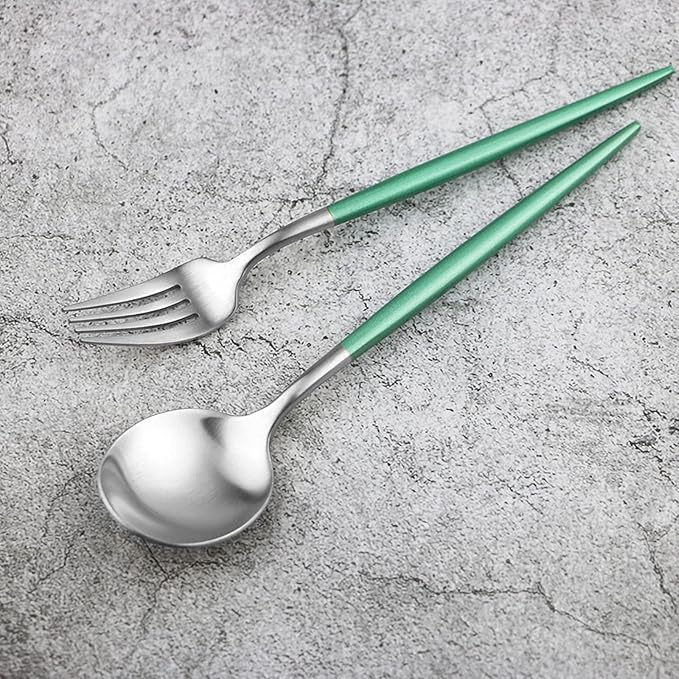 JASHII 6pcs Green&Silver Dessert Spoons Set, Matte 304 Stainless Steel Salad Spoon Set, Modern Design, Dishwasher Safe - 6.8-inch