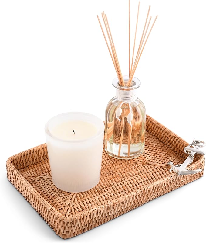 Vagabond House - Rattan Tray, Handmade Wicker Tray, Basket Tray, Coastal Nautical Design with Pewter Anchor, 12x9 Inches, Eco-Friendly, Hand Woven for Ocean Theme Home