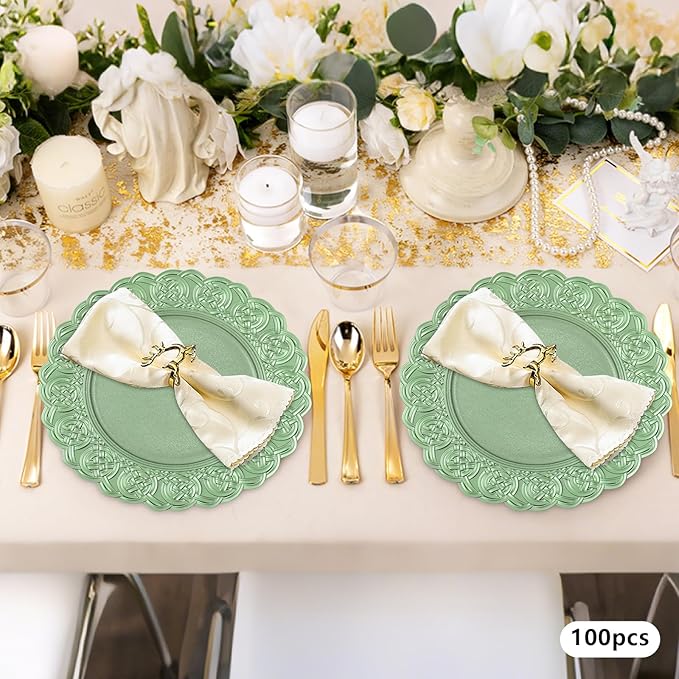 100 Pcs Antique Charger Plates Bulk 13 Inch Embossed Rim Plastic Party Dinner Plate Chargers Round Decorative Server Plate for Wedding Party Event Tableware (100pcs-green)