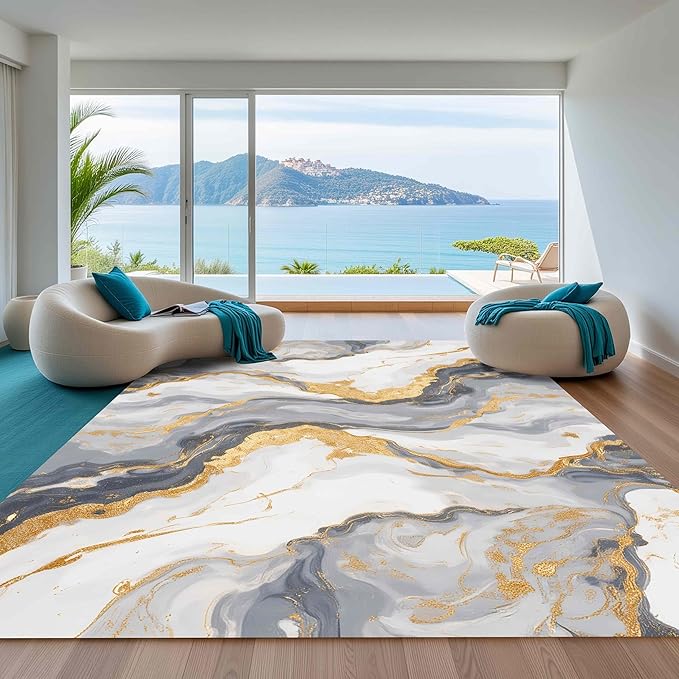 Liquid Marble Texture Design Indoor Area Rug Modern Abstract Grey White Gold Large Rugs for Living Room Bedroom Dining Room Soft Anti Slip Thin Carpet 5x7 Farmhouse Dorm Nursery Unique Floor Mats