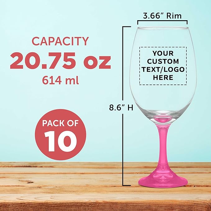 Custom Rioja Grand Wine Glasses 20.75 oz. Set of 10, Personalized Bulk Pack - Perfect for Hotel, Bar, Restaurant or Lounge - Pink