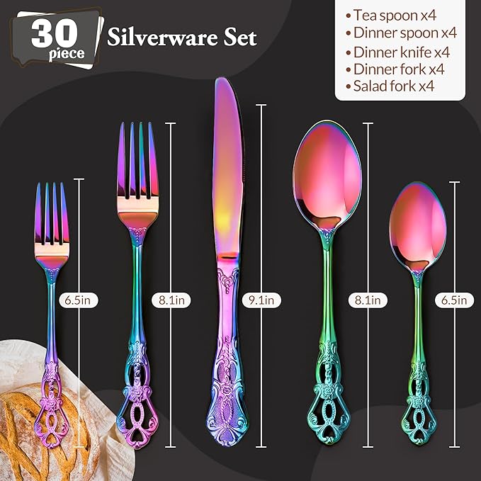 Silverware Set, 30 Pieces Retro Royal Silverware Set for 6, Baroque-style Stainless Steel Flatware Set Including Fork Spoon and Knife, Dishwasher Safe, Rainbow