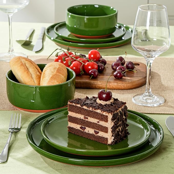 Plates and Bowls Sets, 6Piece Ceramic Dinnerware Set for Family and Gatherings,Dishes Set for 2,Dishwasher & Microwave Safe, Handcrafted Dishware Sets，Elegant Green