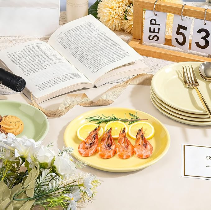 6 Inch Ceramic Salad Plates, Set of 6 - Small Appetizer & Dessert Plates for Portion Control, Microwave & Dishwasher Safe, Chip-Resistant (Soft Green, Cream Yellow, Creamy White (6)