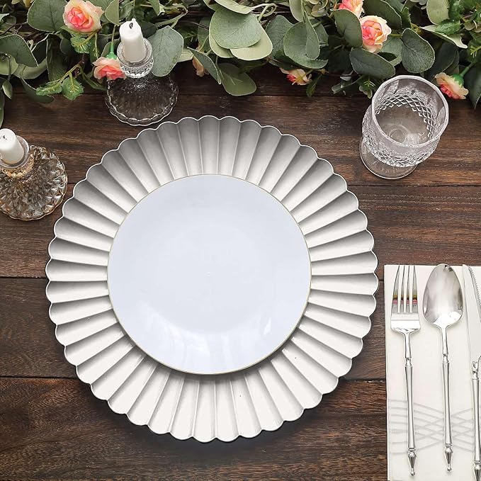 Efavormart 6 Pack | 13" Silver Scalloped Shell Pattern Plastic Serving Plates, Round Disposable Charger Plates