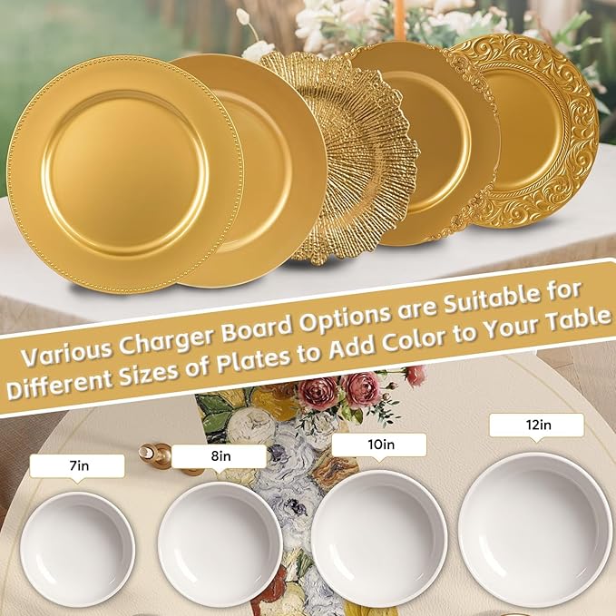 PROY 50 Pack Gold Charger Plates, 13 Inch Plastic Round Gold Chargers for Dinner Plates with Beaded Rim, Reusable Plastic Table Chargers for Wedding, Party