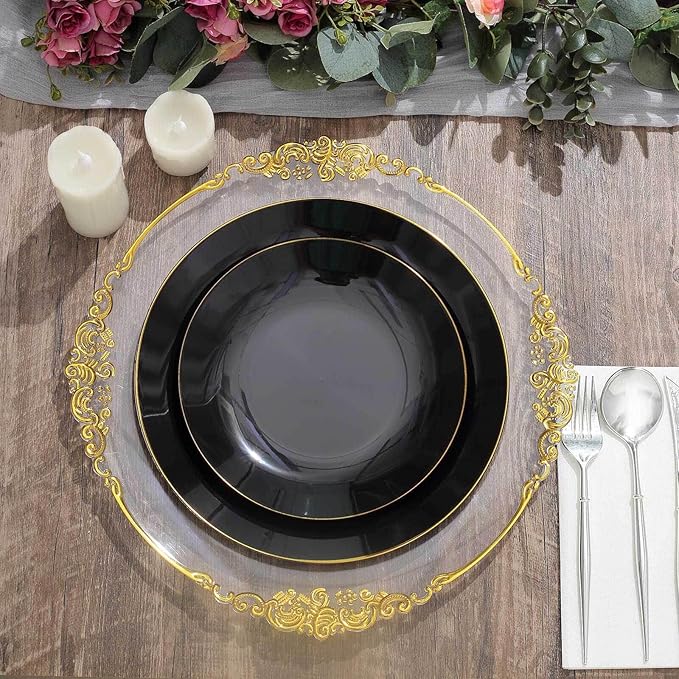 Efavormart 10 Pack | 10" Glossy Black Round Plastic Dinner Plates With Gold Rim, Disposable Party Plates