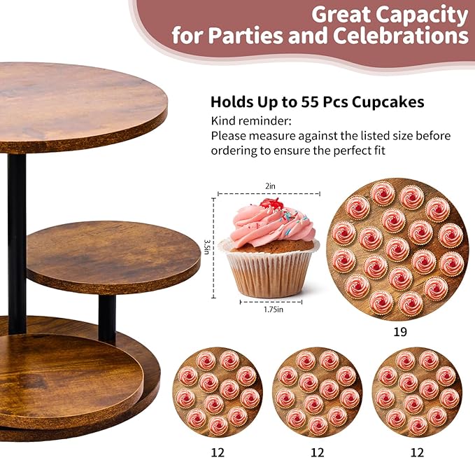 4 Tier Cupcake Tower Stands for 50 Cupcakes,360° Rotatable Round Cup Cake Stand with Tiered Tray,Farmhouse Wooden Dessert Table Display Stands for Wedding Birthday Baby Shower Tea Party