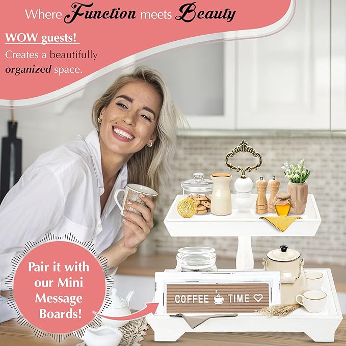 Rustic Wood Two Tiered Tray by Felt Creative Home Goods, Rectangle 2 Tier Serving Tray for Coffee Bar, Kitchen Counter, Dining Room Table, Cupcake Stand, Holiday and Farmhouse Decor (Rustic White)