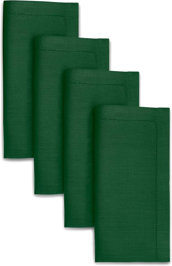 D'Moksha Homes Forest Green Linen Napkins Set of 4 - Classic Hemstitch 100% Pure Linen Hemstitch Dinner Napkins 20 x 20 Inch for Winter, Christmas, Holiday, New Year - Handcrafted and Machine Washable