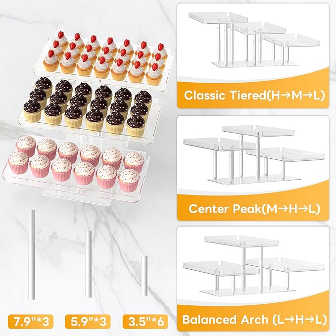 3 Tier Cupcake Stand, Transparent Acrylic Dessert Table Display Set, Adjustable Tiered Cupcake Holder Tower for Baking Serving on Weddings, Baby Showers, Birthday Party Buffet