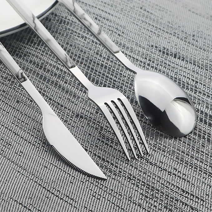 30pcs Marble Handle Flatware Set, Stainless Steel Cutlery Set Include Knife/Fork/Spoons, Mirror Polish, Service for 6 (White Silver)
